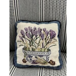 Vintage Needlepoint Wool Tapestry Throw Floral Pillow Neutral Blue Purple 9”